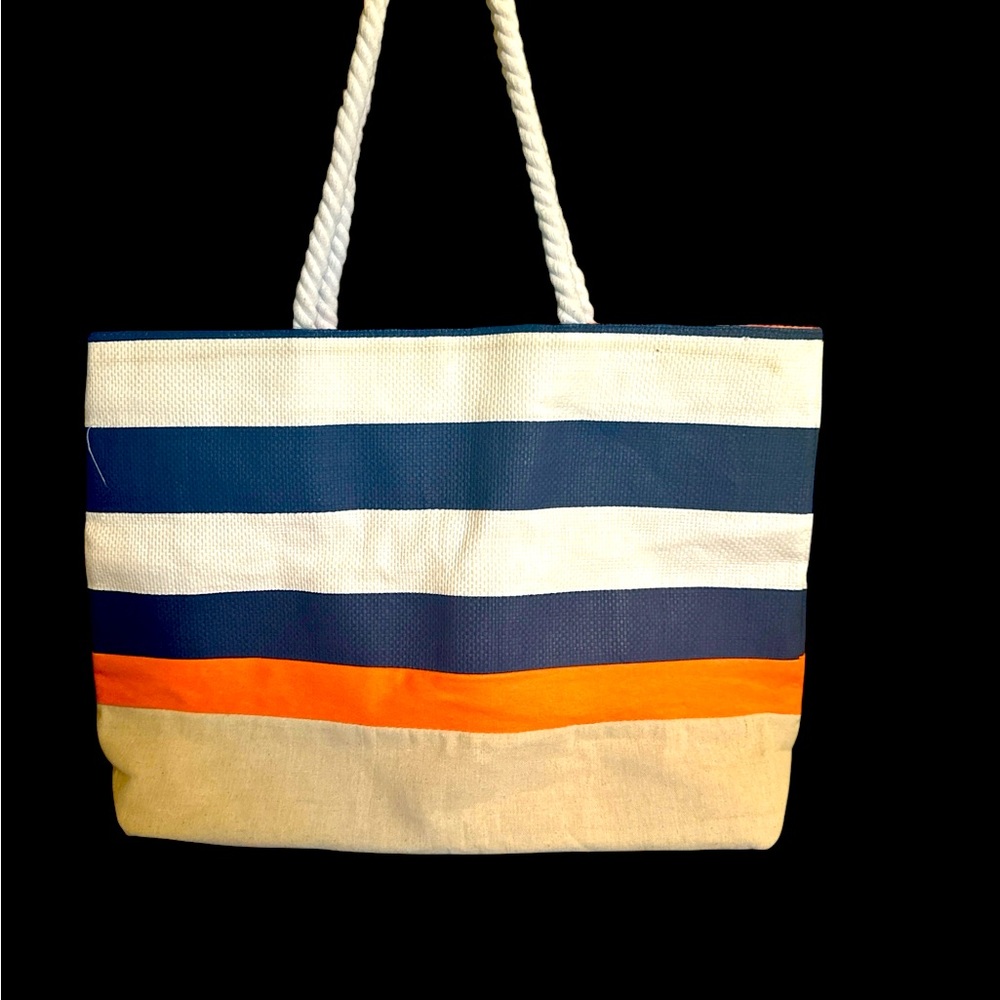 DSW Navy and Orange Striped Tote with rope style handle